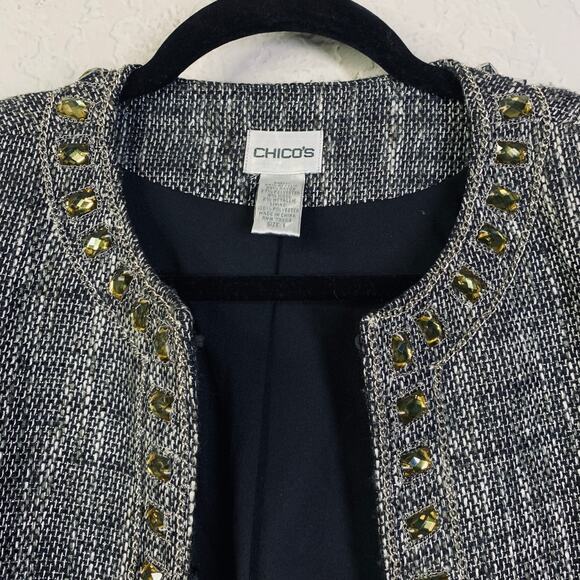 CHICO'S Blazer Jacket Duster Topper Coat Tweed Jeweled‎ Hook Metallic Thread - Picture 6 of 16